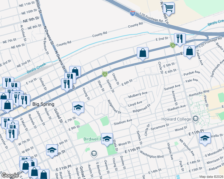 map of restaurants, bars, coffee shops, grocery stores, and more near 601 Settles Street in Big Spring