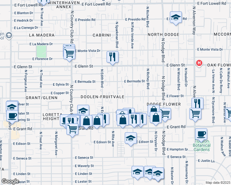 map of restaurants, bars, coffee shops, grocery stores, and more near 2613 North Sparkman Boulevard in Tucson