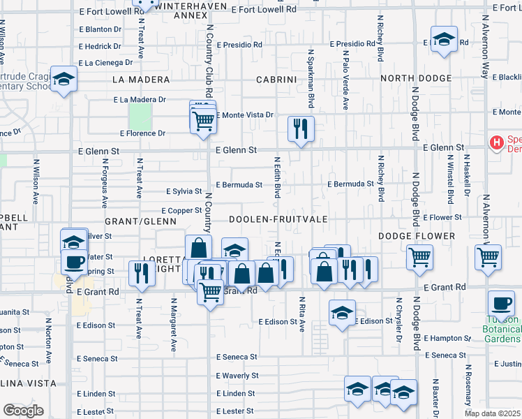map of restaurants, bars, coffee shops, grocery stores, and more near 3234 East Towner Street in Tucson