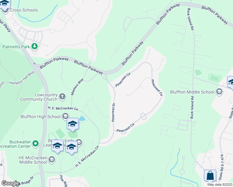 map of restaurants, bars, coffee shops, grocery stores, and more near 115 Pinecrest Drive in Bluffton