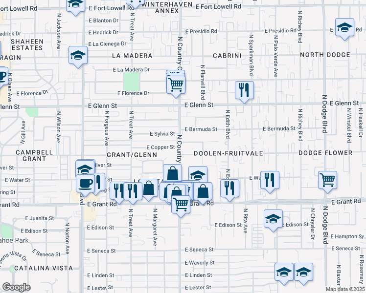 map of restaurants, bars, coffee shops, grocery stores, and more near 2612 North Country Club Road in Tucson