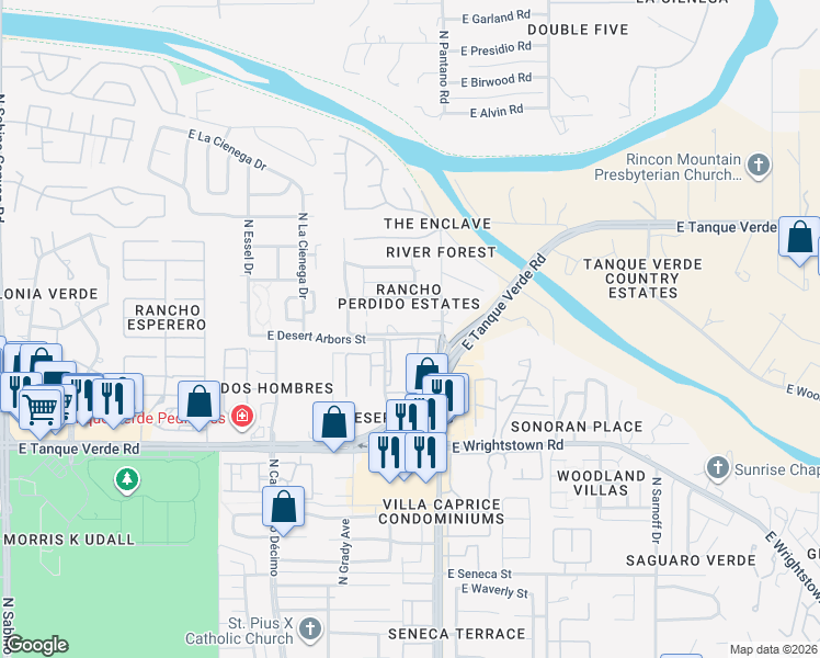 map of restaurants, bars, coffee shops, grocery stores, and more near 7845 East Camino Perdido in Tucson