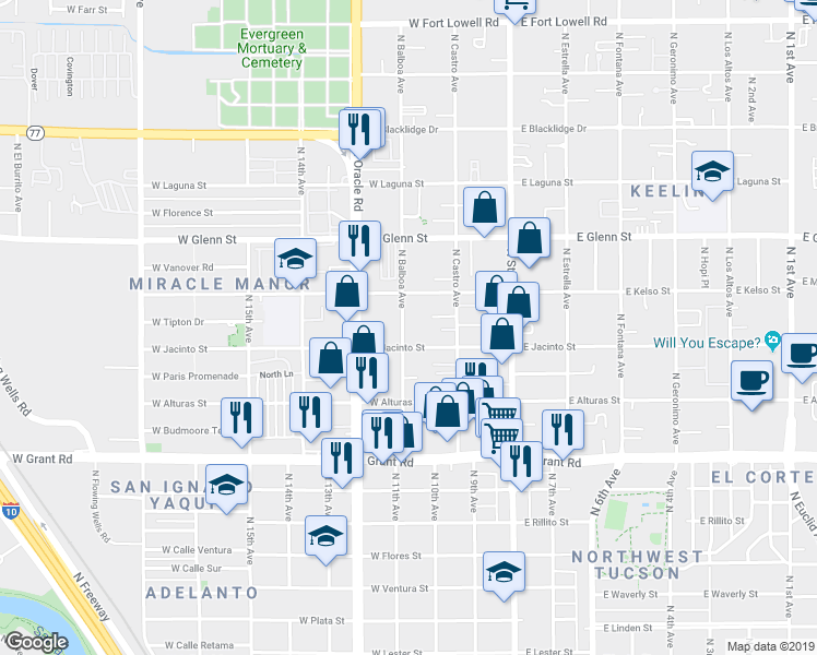map of restaurants, bars, coffee shops, grocery stores, and more near 2614 North Balboa Avenue in Tucson