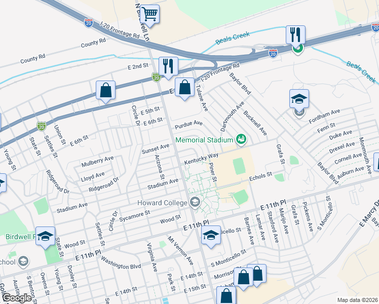 map of restaurants, bars, coffee shops, grocery stores, and more near 1700-1798 Harvard Ave in Big Spring
