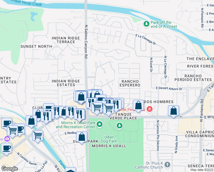 map of restaurants, bars, coffee shops, grocery stores, and more near 7222 East Camino Vecino in Tucson