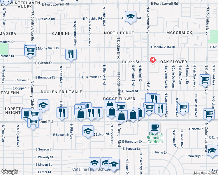 map of restaurants, bars, coffee shops, grocery stores, and more near 2614 North Richey Boulevard in Tucson