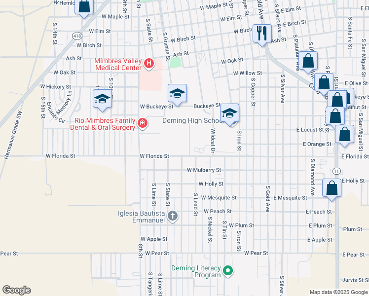 map of restaurants, bars, coffee shops, grocery stores, and more near 601 36 West Florida Street in Deming