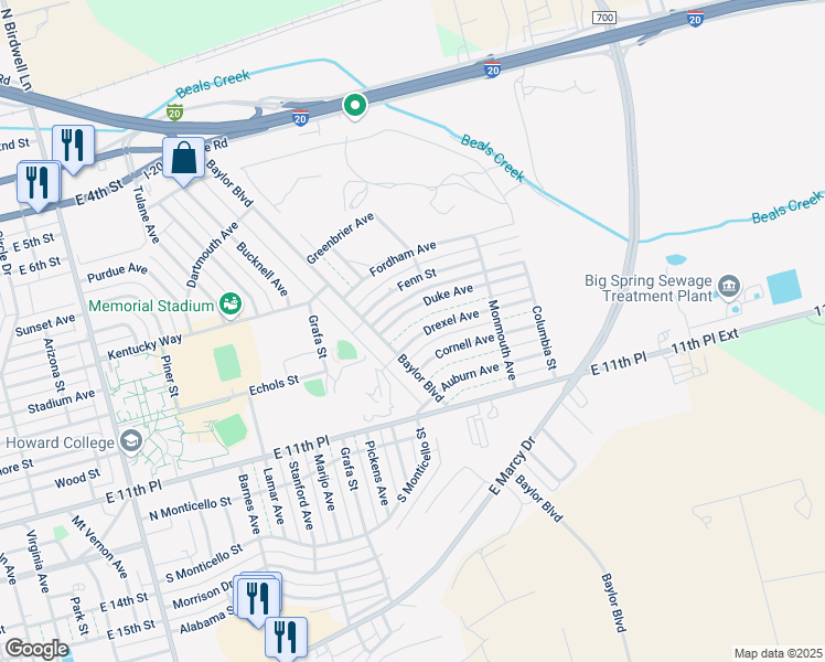 map of restaurants, bars, coffee shops, grocery stores, and more near 3120-3298 Drexel Avenue in Big Spring
