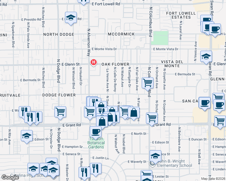 map of restaurants, bars, coffee shops, grocery stores, and more near 2602 La Verne Avenue North in Tucson