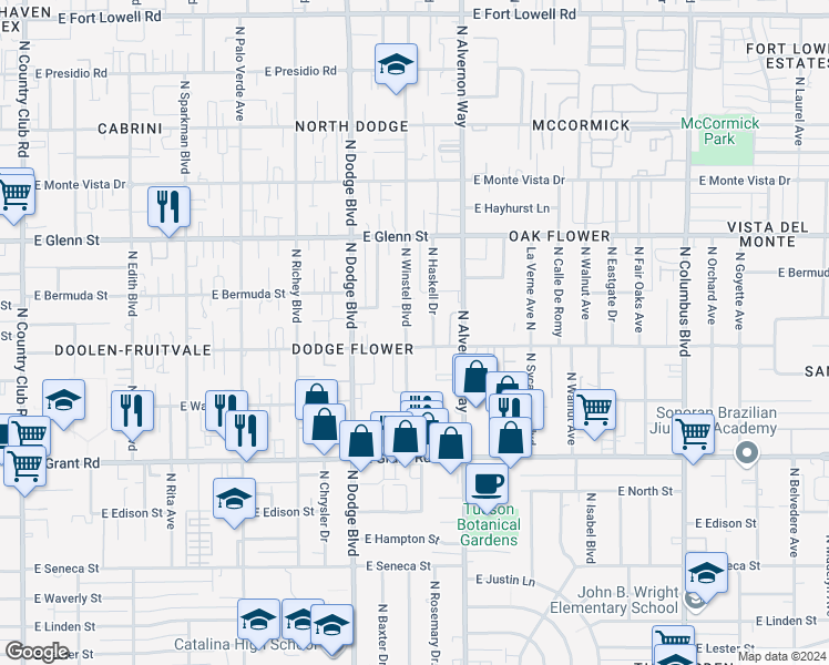 map of restaurants, bars, coffee shops, grocery stores, and more near 2614 North Winstel Boulevard in Tucson