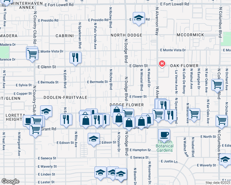 map of restaurants, bars, coffee shops, grocery stores, and more near 2614 North Richey Boulevard in Tucson