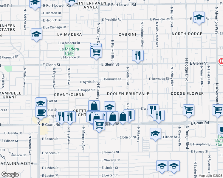 map of restaurants, bars, coffee shops, grocery stores, and more near 3156 East Towner Street in Tucson