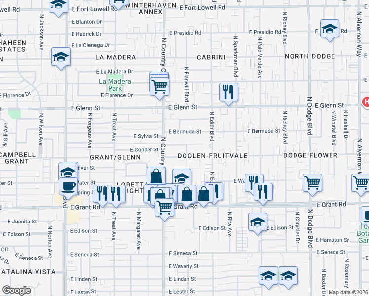 map of restaurants, bars, coffee shops, grocery stores, and more near 3156 East Towner Street in Tucson