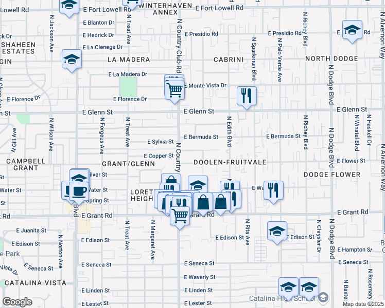 map of restaurants, bars, coffee shops, grocery stores, and more near 2609 North Flanwill Boulevard in Tucson
