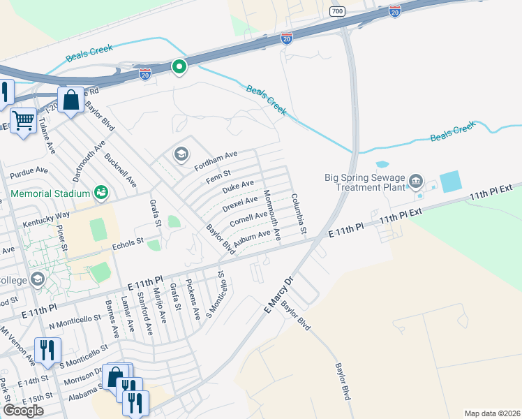 map of restaurants, bars, coffee shops, grocery stores, and more near 3231 Cornell Avenue in Big Spring
