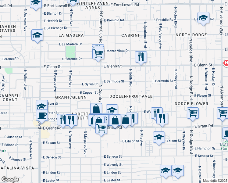 map of restaurants, bars, coffee shops, grocery stores, and more near 3156 East Towner Street in Tucson