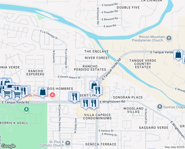 map of restaurants, bars, coffee shops, grocery stores, and more near 7845 East Camino Perdido in Tucson