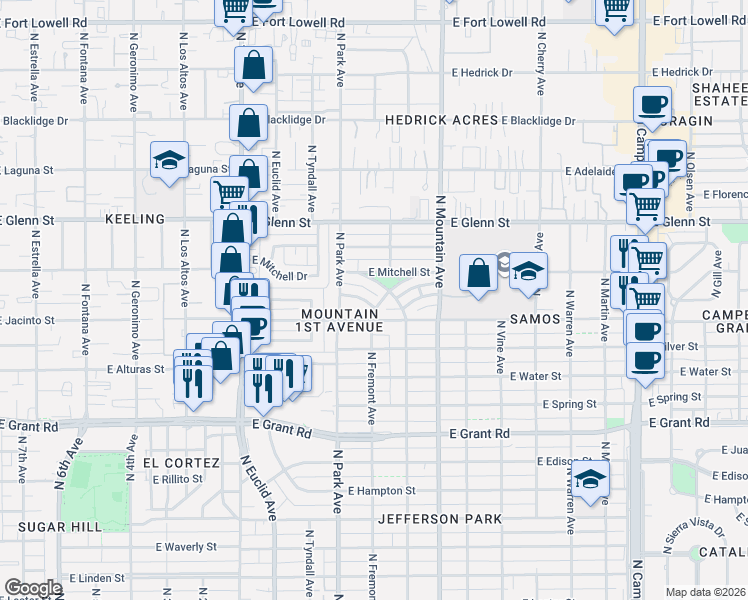 map of restaurants, bars, coffee shops, grocery stores, and more near 2616 North Fremont Avenue in Tucson
