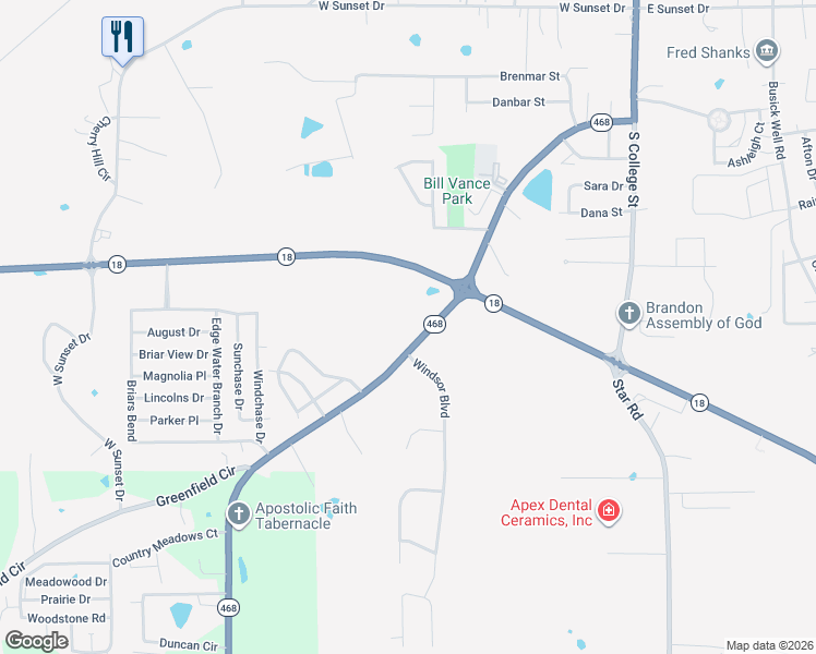 map of restaurants, bars, coffee shops, grocery stores, and more near 350 Whitfield Road in Brandon
