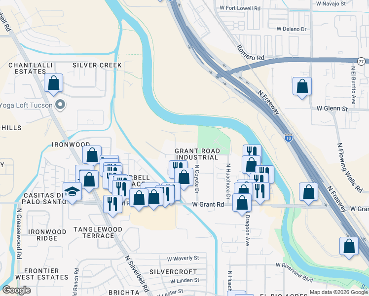map of restaurants, bars, coffee shops, grocery stores, and more near 1850 West Copper Street in Tucson