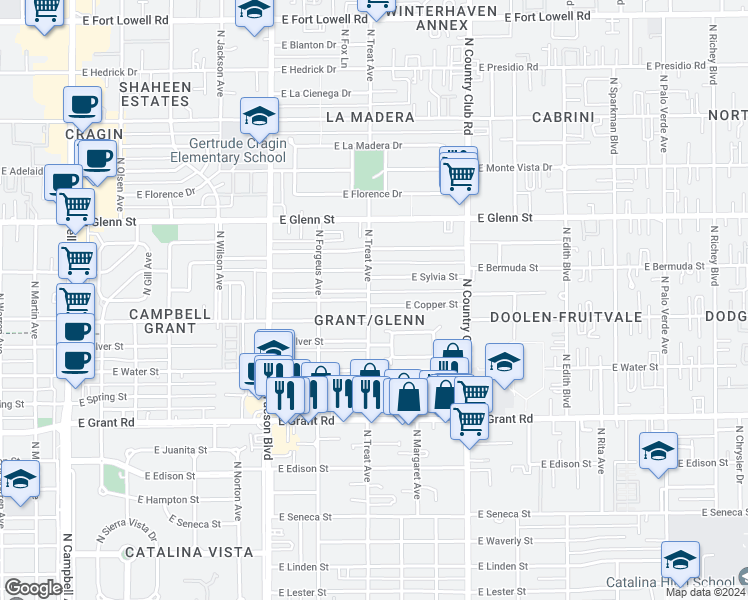 map of restaurants, bars, coffee shops, grocery stores, and more near 2801 East Copper Street in Tucson