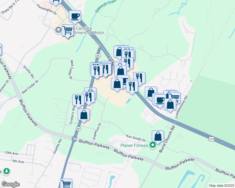 map of restaurants, bars, coffee shops, grocery stores, and more near 1050 Fording Island Road in Bluffton