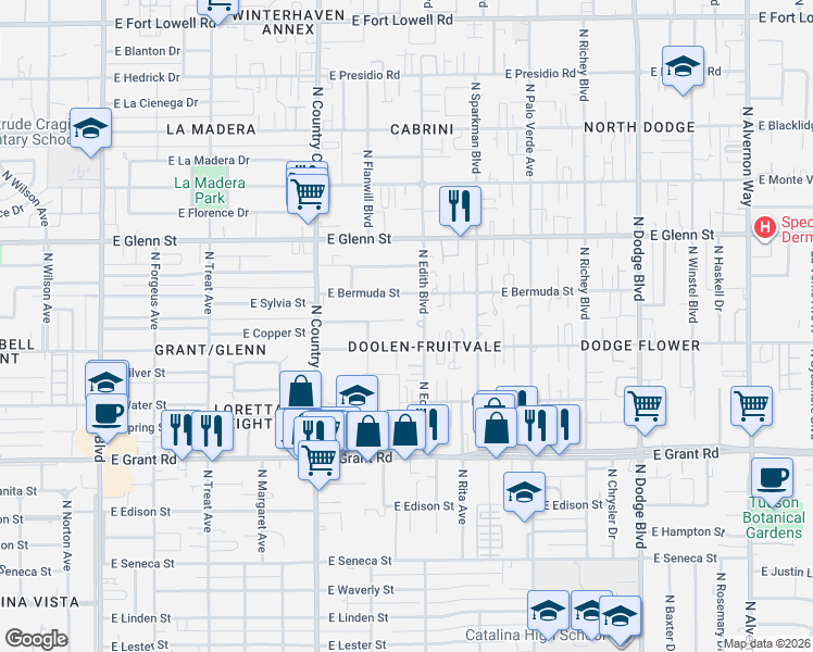 map of restaurants, bars, coffee shops, grocery stores, and more near 3234 East Towner Street in Tucson