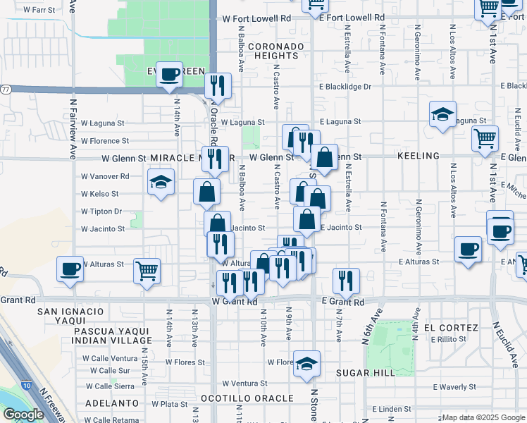 map of restaurants, bars, coffee shops, grocery stores, and more near in Tucson