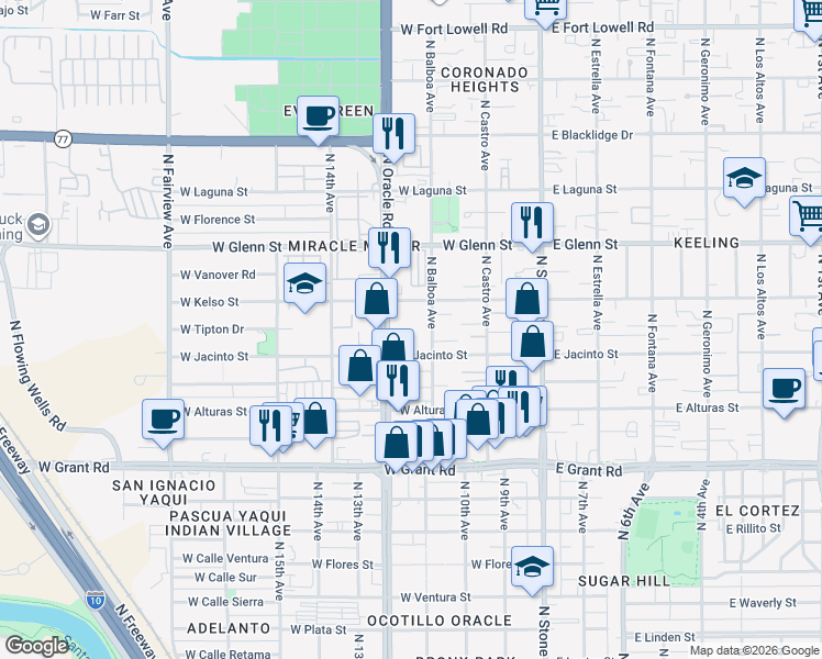 map of restaurants, bars, coffee shops, grocery stores, and more near 2650 North Oracle Road in Tucson