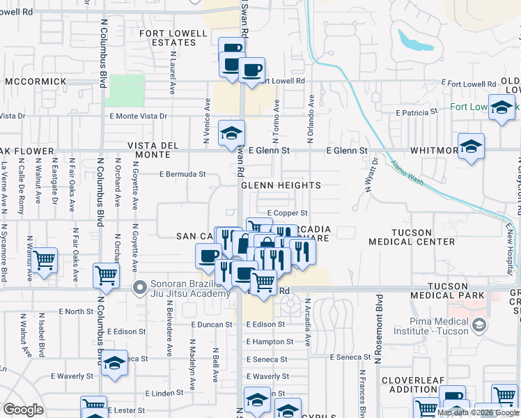 map of restaurants, bars, coffee shops, grocery stores, and more near 2609 North Nema Avenue in Tucson