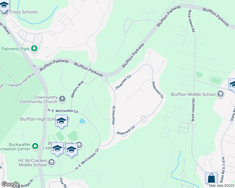 map of restaurants, bars, coffee shops, grocery stores, and more near 115 Pinecrest Drive in Bluffton