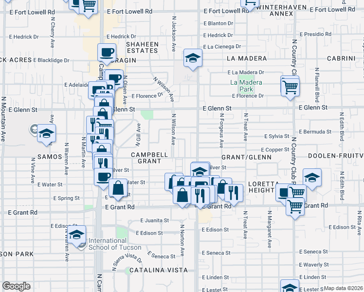 map of restaurants, bars, coffee shops, grocery stores, and more near 2625 North Norton Avenue in Tucson