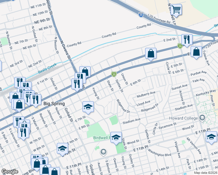 map of restaurants, bars, coffee shops, grocery stores, and more near 500 State Street in Big Spring