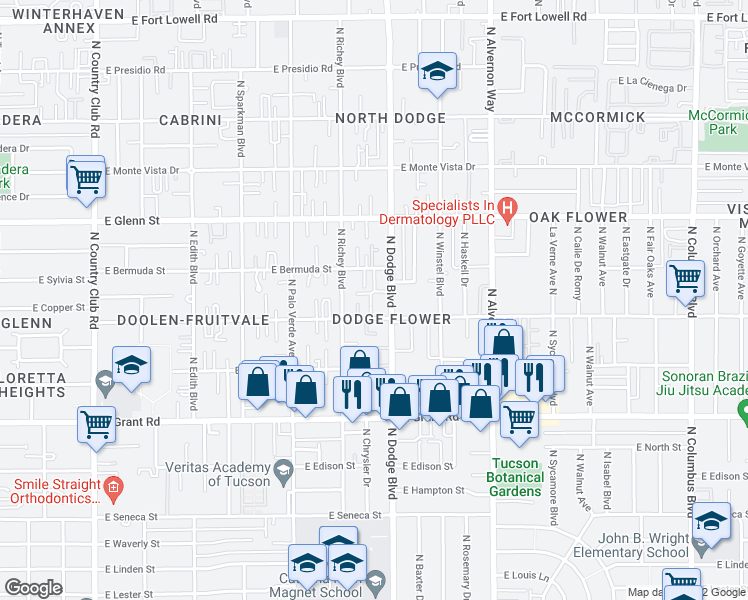 map of restaurants, bars, coffee shops, grocery stores, and more near 2653 North Dodge Boulevard in Tucson