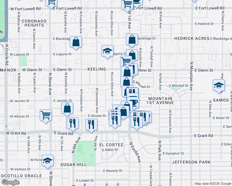 map of restaurants, bars, coffee shops, grocery stores, and more near 2622 North Los Altos Avenue in Tucson