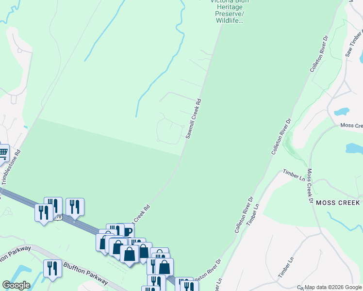 map of restaurants, bars, coffee shops, grocery stores, and more near 11-59 Sawmill Creek Road in Bluffton
