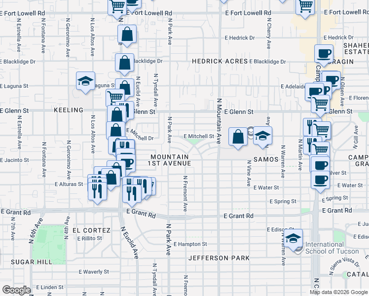 map of restaurants, bars, coffee shops, grocery stores, and more near 1049 East West Circle Drive in Tucson