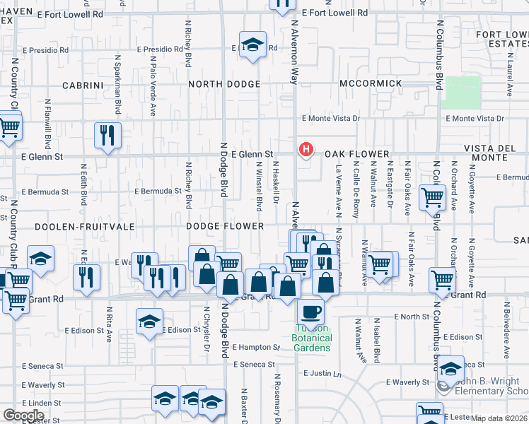 map of restaurants, bars, coffee shops, grocery stores, and more near 2622 North Winstel Boulevard in Tucson