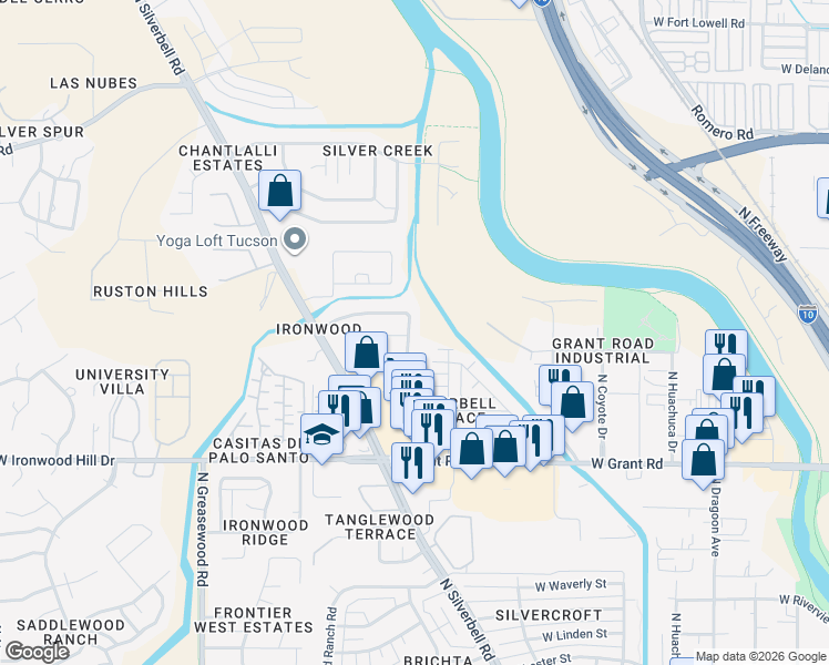 map of restaurants, bars, coffee shops, grocery stores, and more near 2604 North Splitwood Avenue in Tucson