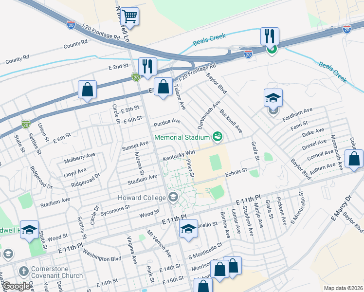 map of restaurants, bars, coffee shops, grocery stores, and more near 1700-1798 Harvard Ave in Big Spring
