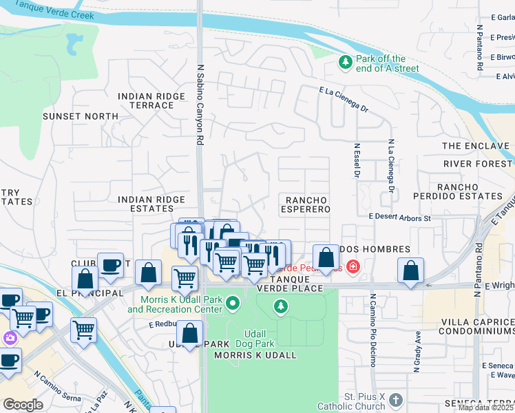 map of restaurants, bars, coffee shops, grocery stores, and more near 7222 East Camino Vecino in Tucson