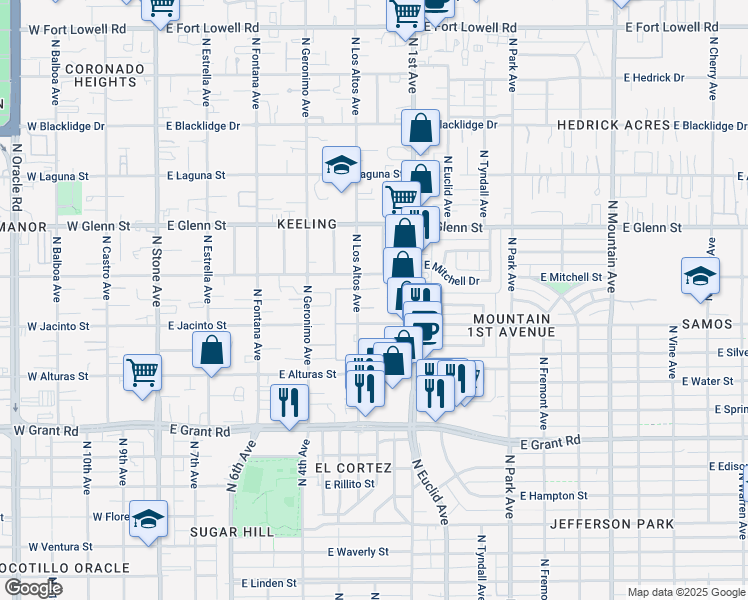 map of restaurants, bars, coffee shops, grocery stores, and more near 547 East Jacinto Street in Tucson