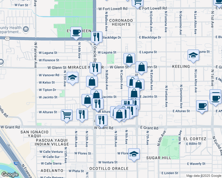 map of restaurants, bars, coffee shops, grocery stores, and more near 2614 North Balboa Avenue in Tucson
