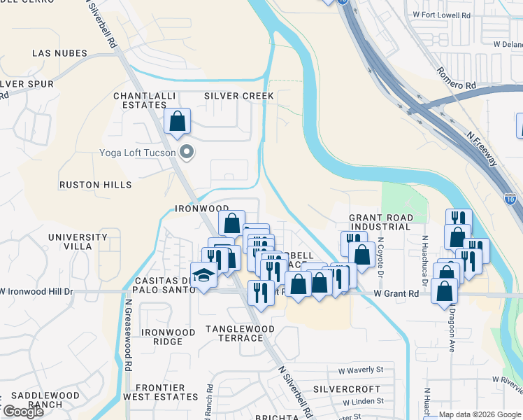 map of restaurants, bars, coffee shops, grocery stores, and more near 2604 North Splitwood Avenue in Tucson