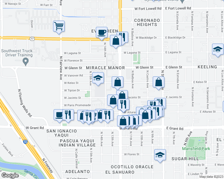 map of restaurants, bars, coffee shops, grocery stores, and more near 2620 North 14th Avenue in Tucson