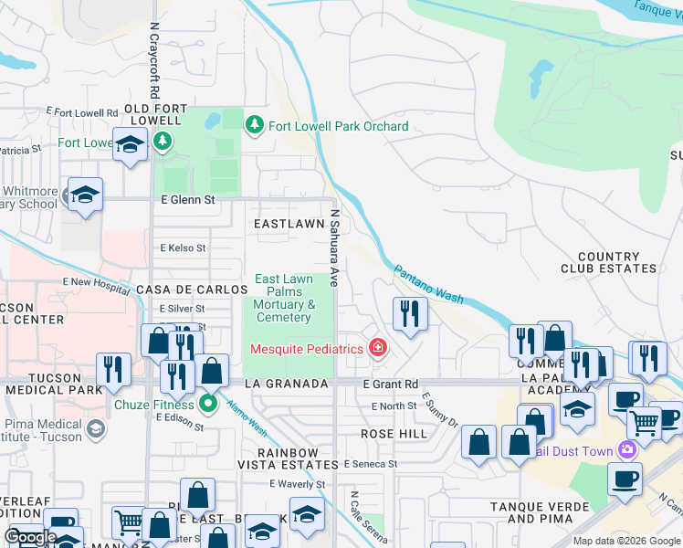 map of restaurants, bars, coffee shops, grocery stores, and more near 2655 North Sahuara Place in Tucson