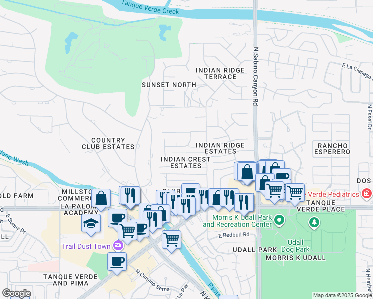 map of restaurants, bars, coffee shops, grocery stores, and more near 6821 East Nasumpta Drive in Tucson