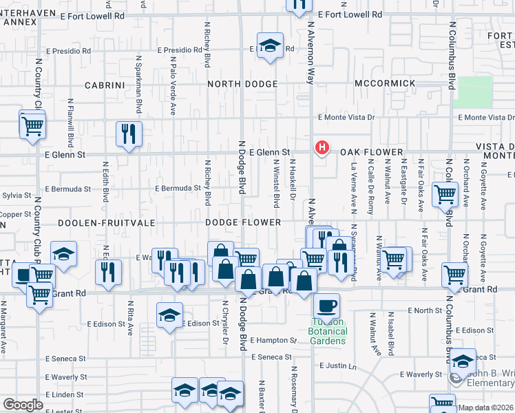 map of restaurants, bars, coffee shops, grocery stores, and more near 3731 East Flower Street in Tucson