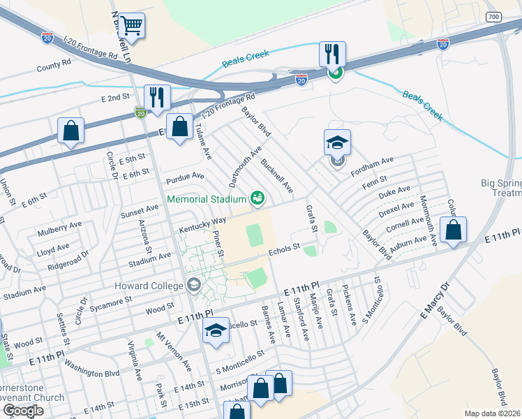 map of restaurants, bars, coffee shops, grocery stores, and more near 2216 Kentucky Way in Big Spring