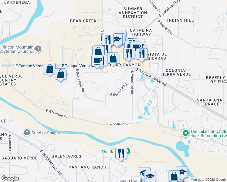 map of restaurants, bars, coffee shops, grocery stores, and more near 9001 East Bears Path Road in Tucson